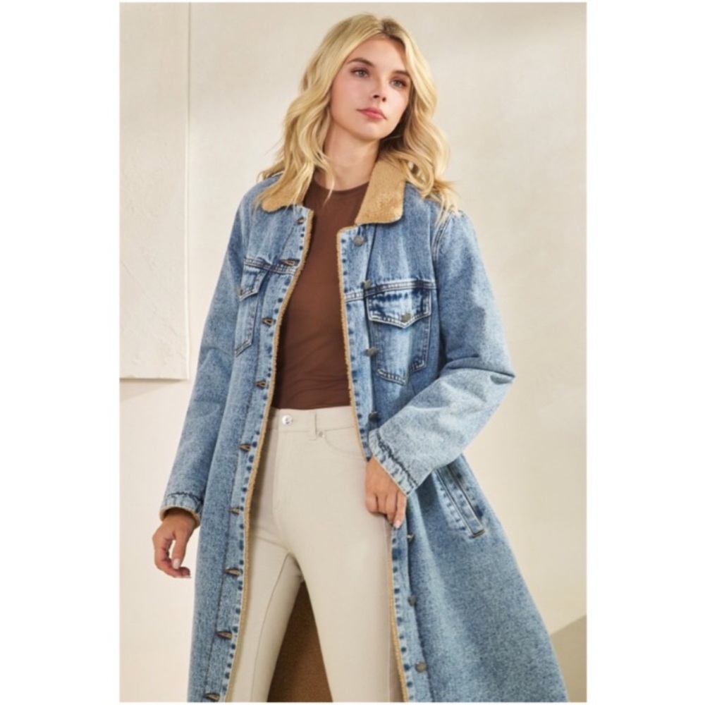 Light Wash Teddy Line Button Down Pockets Denim Jean Long Jacket